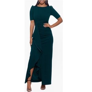 XSCAPE Scuba Crepe Ruffle Gown in Pine Green, Size 10 New w/Tag